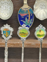 Load image into Gallery viewer, Vintage 12 Piece Travel Souvenir Spoons Collection with Wooden Display Rack