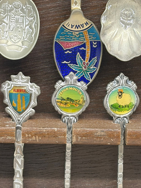 Vintage 12 Piece Travel Souvenir Spoons Collection with Wooden Display Rack