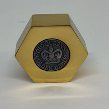 Load image into Gallery viewer, Vintage 2002 Queen Elizabeth II Golden Jubilee Brass Hexagon Paperweight