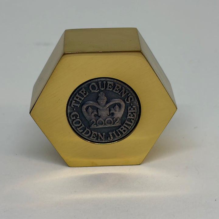 Vintage 2002 Queen Elizabeth II Golden Jubilee Brass Hexagon Paperweight