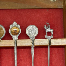 Load image into Gallery viewer, Vintage 12 Piece Travel Souvenir Spoons Collection with Wooden Display Cabinet