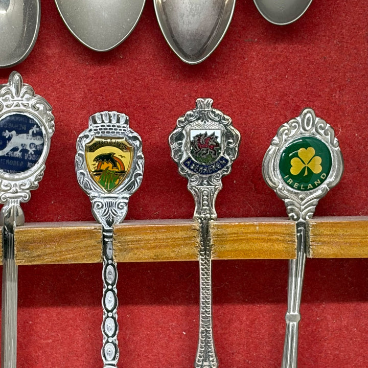 Vintage 12 Piece Travel Souvenir Spoons Collection with Wooden Display Cabinet