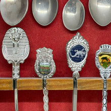 Load image into Gallery viewer, Vintage 12 Piece Travel Souvenir Spoons Collection with Wooden Display Cabinet