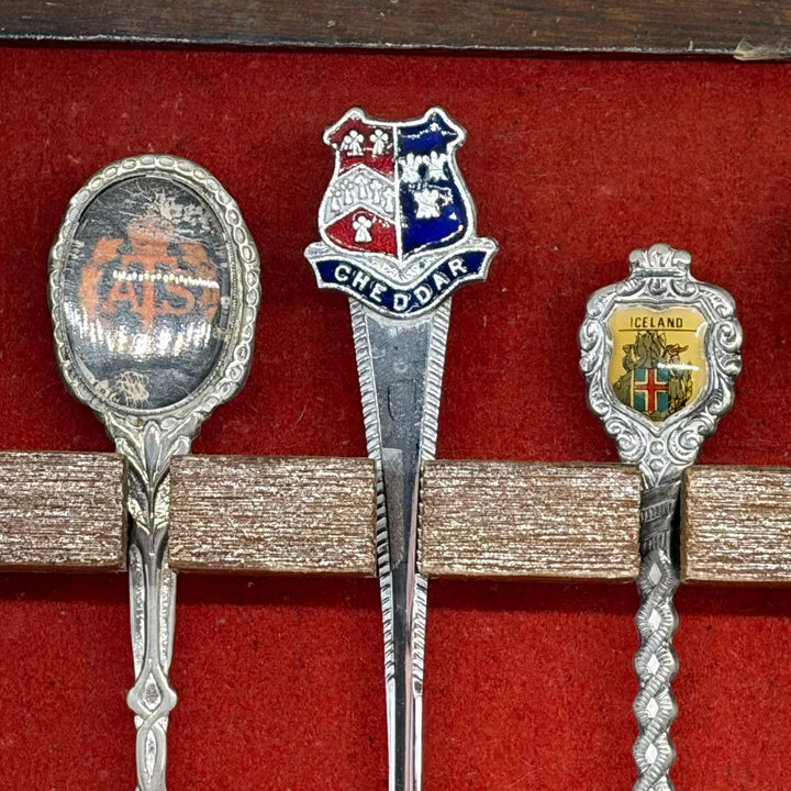 Vintage 12 Piece Travel Souvenir Spoons Collection with Wooden Display Cabinet