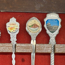 Load image into Gallery viewer, Vintage 12 Piece Travel Souvenir Spoons Collection with Wooden Display Cabinet