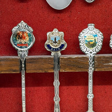 Load image into Gallery viewer, Vintage 12 Piece Travel Souvenir Spoons Collection with Wooden Display Cabinet