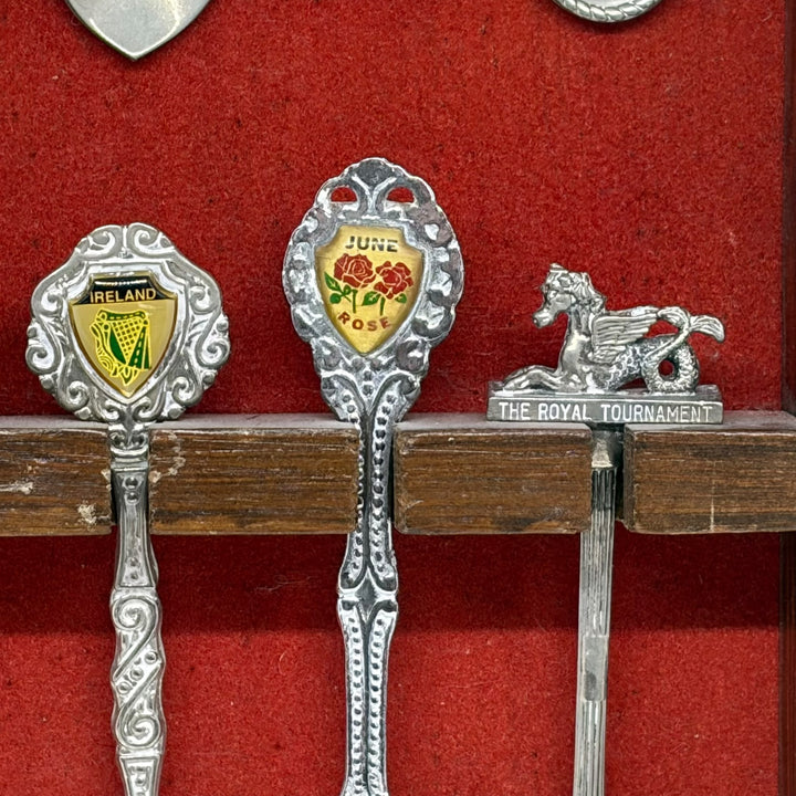 Vintage 12 Piece Travel Souvenir Spoons Collection with Wooden Display Cabinet
