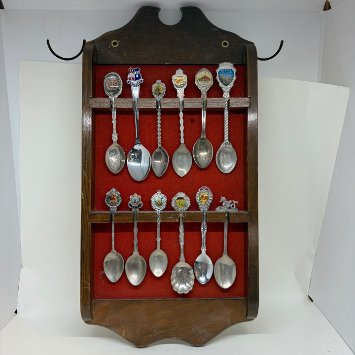 Vintage 12 Piece Travel Souvenir Spoons Collection with Wooden Display Cabinet
