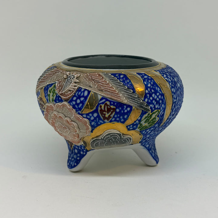 Vintage Phoenix Peony Gilt Japanese Koro Blue Tripod Incense Burner