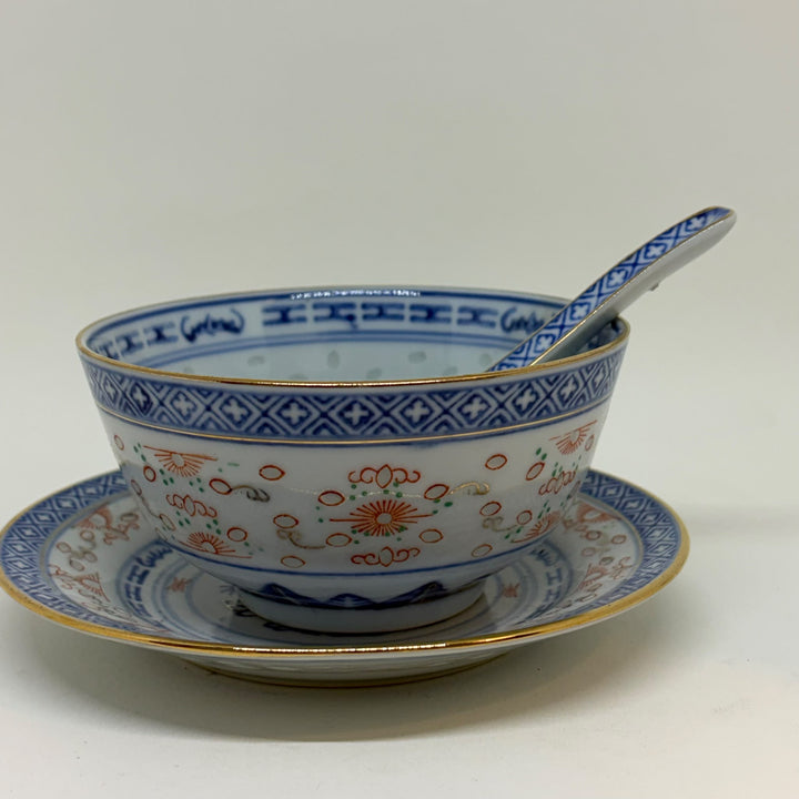 Vintage Jingdezhen Porcelain Chinese Rice Grain Bowl Underplate & Spoon Set