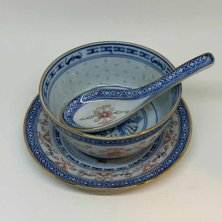 Vintage Jingdezhen Porcelain Chinese Rice Grain Bowl Underplate & Spoon Set
