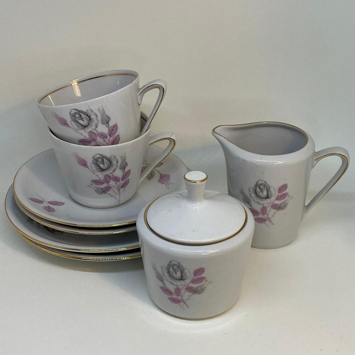 Vintage Chinese Floral Tea Set - 2 x TRIOS and CREAMER & SUGAR BOWL Set