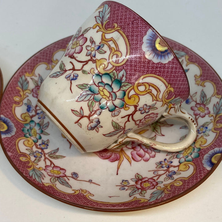 2 x Small Antique French SARRAGUEMINES Tea Cups (Pink)