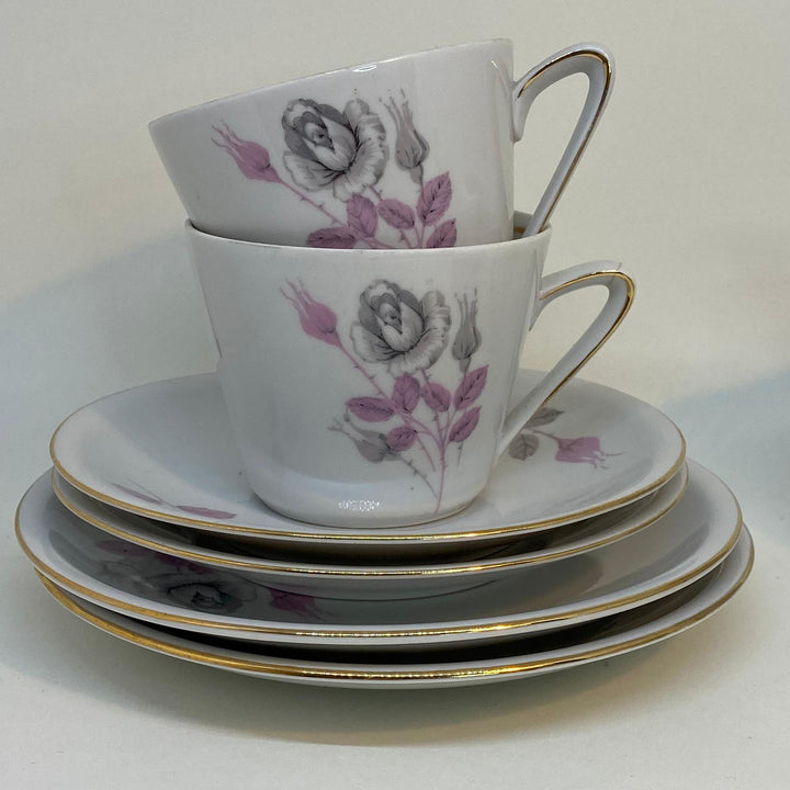Vintage Chinese Floral Tea Set - 2 x TRIOS and CREAMER & SUGAR BOWL Set