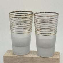 Load image into Gallery viewer, 2x 1950s Part-Frosted SHOT GLASSES Glass Tumblers Gilt Decorated