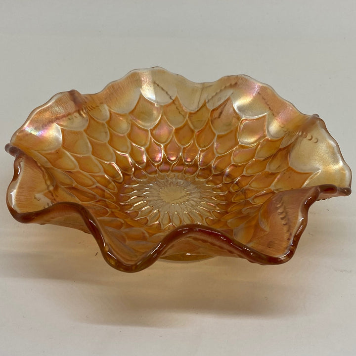 FENTON CARNIVAL GLASS Fish Scale Pattern Iridescent Marigold BOWL 6"