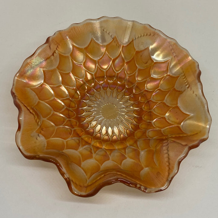 FENTON CARNIVAL GLASS Fish Scale Pattern Iridescent Marigold BOWL 6"