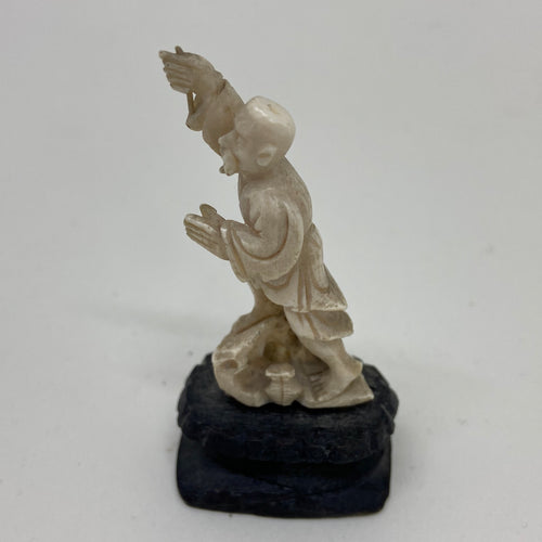 Small Vintage CARVED IVORY FIGURINE on Dark Wood Base A/F
