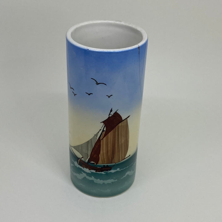 Small Hand-Painted German WITTENBERG Pottery Column VASE Sail Boat A/F