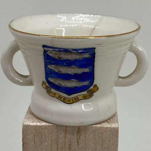 W H GOSS China Crested Ware Miniature MORTAR or Vase Souvenir of NEVIN