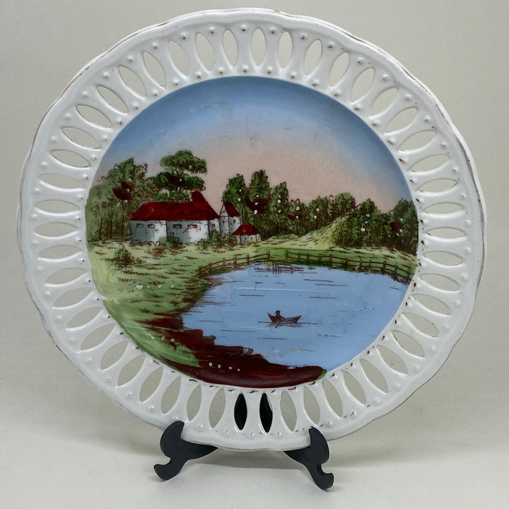 HAND PAINTED European RETICULATED CABINET PLATE Village Lake and Boat motif