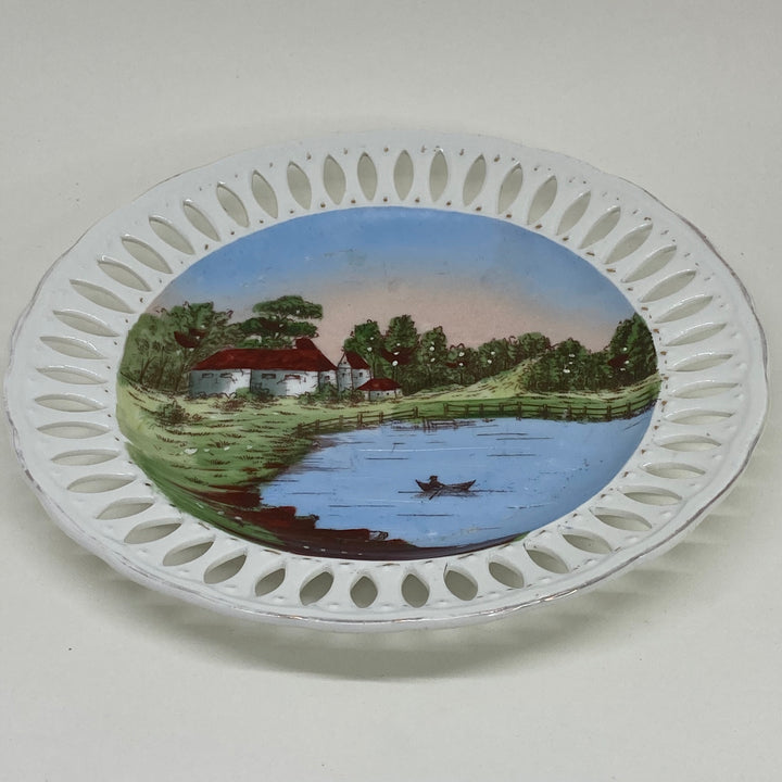 HAND PAINTED European RETICULATED CABINET PLATE Village Lake and Boat motif