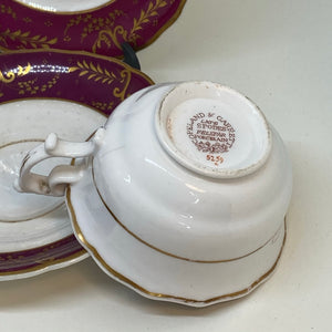 Pair of Regency Antique SPODES Burgundy TEACUP SET TRIOS