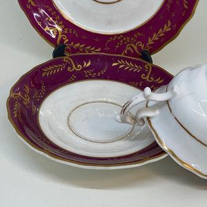 Pair of Regency Antique SPODES Burgundy TEACUP SET TRIOS