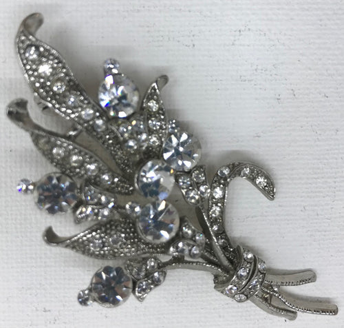 Vintage COSTUME JEWELLERY BROOCH Silver Tone Diamante FLOWERS BOUQUET