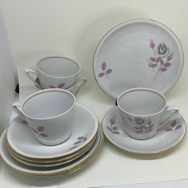 Vintage Chinese Floral Tea Set - 4x TRIOS Teacup, Saucer and Tea Plate