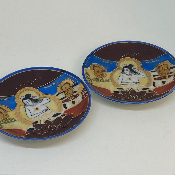 2 X Vintage JAPANESE Moriage Porcelain Enamel COFFEE CUP SAUCERS