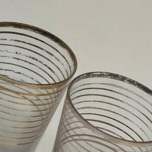 Load image into Gallery viewer, 2x 1950s Part-Frosted SHOT GLASSES Glass Tumblers Gilt Decorated