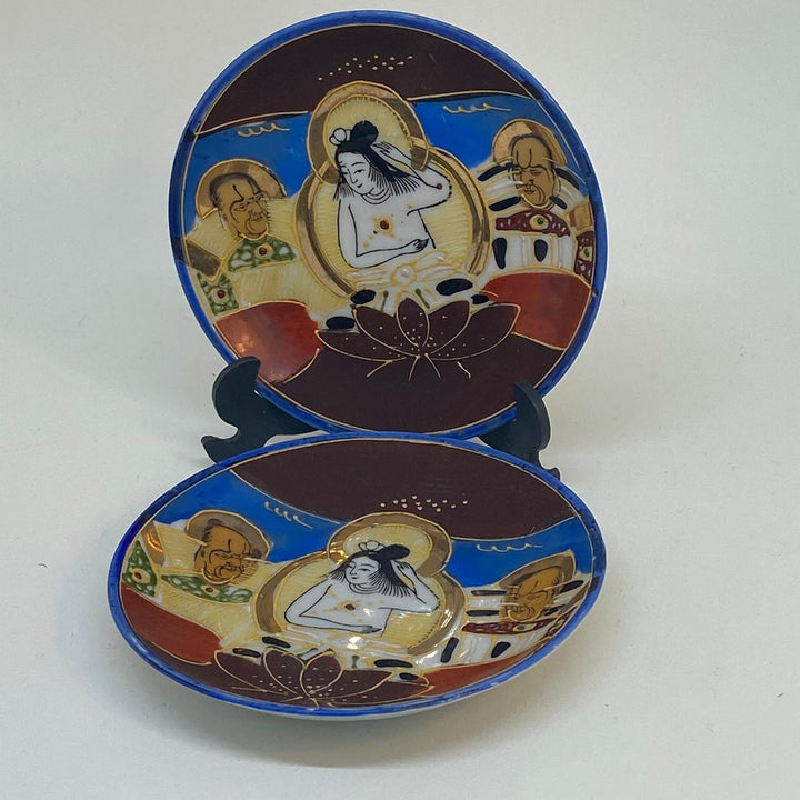 2 X Vintage JAPANESE Moriage Porcelain Enamel COFFEE CUP SAUCERS
