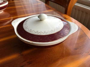 Vintage J & G MEAKIN Sol Golden Court Burgundy LUNCH PLATES, GRAVY BOAT, TUREENS
